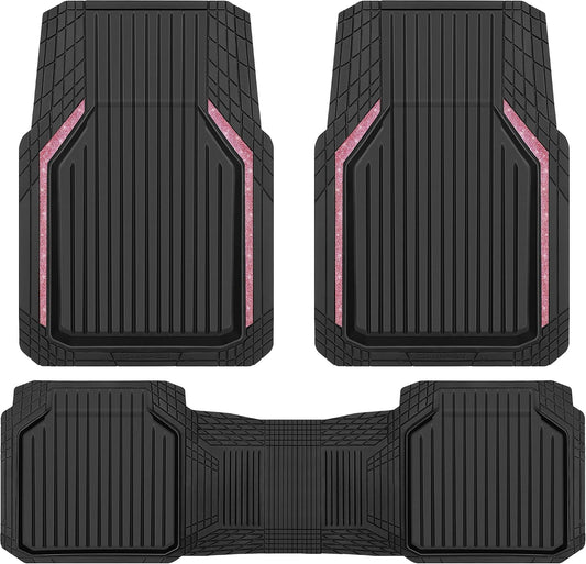 CAR PASS Pink Heavy Duty Rubber Floor Mats for Car, Waterproof Liner Deep Dish Bling Car Mats Full Sets, Universal Trim to Fit for SUV Truck Sedans Vans, All Weather Floor Mats, Pink Sparkly