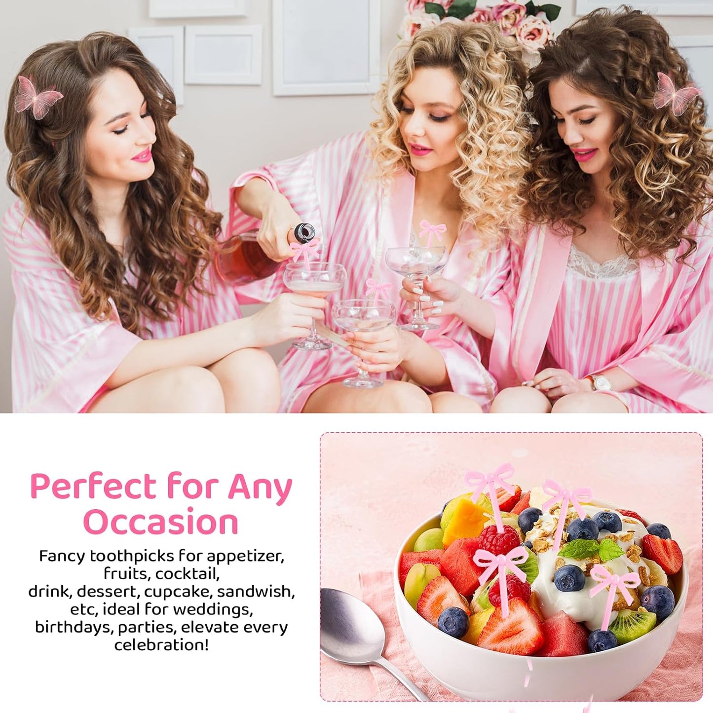 100Pcs Pink Toothpicks Plastic Bow Cocktail Picks Long Fruit Skewers Drink Stirrers Cupcake Toppers Fancy Toothpick for Appetizers Drinks Wedding Coquette Birthday Bow Party Decoration