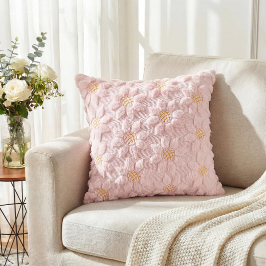 AVOIN colorlife Spring Summer Pink Sunflower Throw Pillow Covers Set of 2, 18 x 18 Inch Seasonal Flora Farmhouse Decor Flower Soft Plush Faux Fur Jacquard Cushion Case for Home Sofa