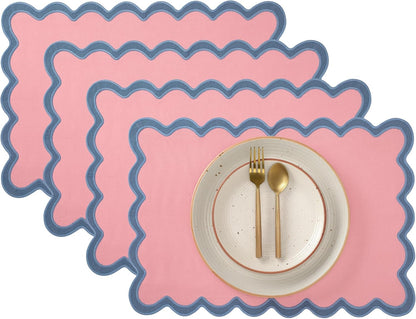 Folkulture Placemats Set of 4 (13 x 19) | 100% Cotton, Cute, Heat Resistant,Machine Washable Scalloped Place Mats | Pink Rectangular Cloth Table Placemats or Dining Table Mats for Dinner Party