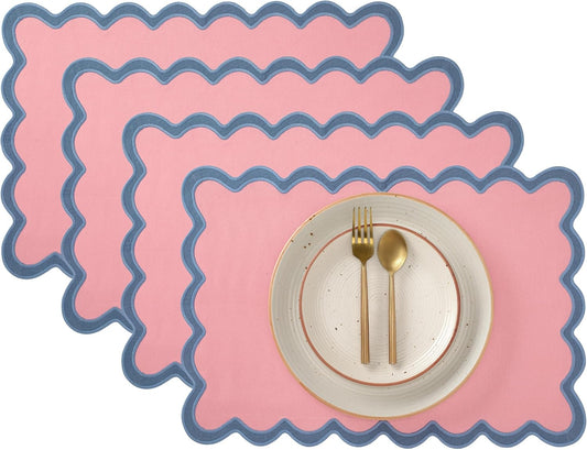 Folkulture Placemats Set of 4 (13 x 19) | 100% Cotton, Cute, Heat Resistant,Machine Washable Scalloped Place Mats | Pink Rectangular Cloth Table Placemats or Dining Table Mats for Dinner Party