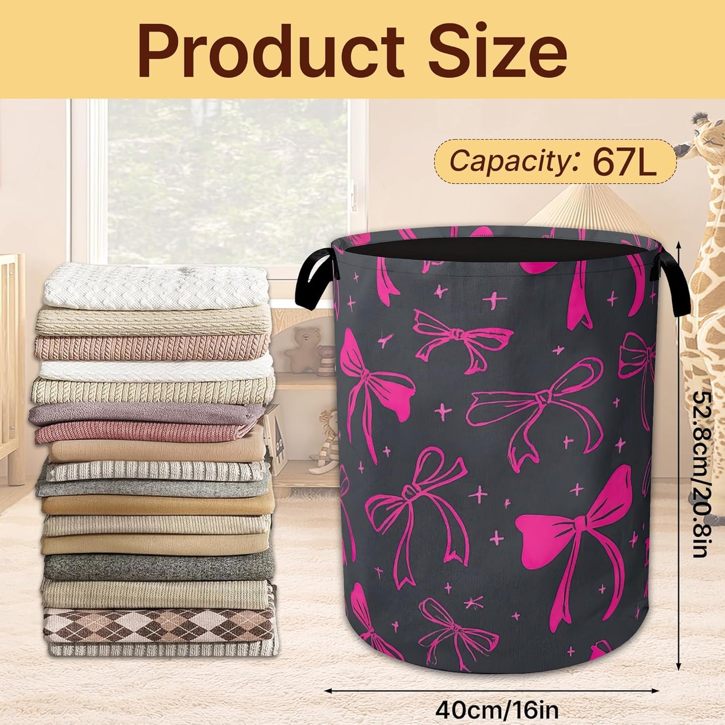 Laundry Hamper Foldable with Handles,Cute Pink Bowknot Oxford Cloth Basket,Large Capacity Storage Organizer for Bedroom Bathroom Dorm Room