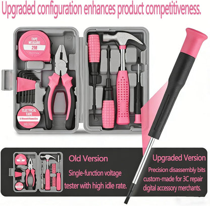NIVOLT 13 Piece Pink Tool Set for Women, Small Household DIY Hand Tool Kit with Hammer Pliers Screwdrivers, Basic Home Repair Starter Set with Storage Case for Renters Students Beginners