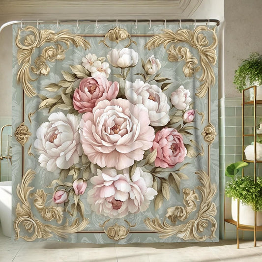 Floral Shower Curtain, Vintage Peach Peony Flower Bath Curtain for Bathroom Decor, Spring Summer Elegant Watercolor Waterproof Fabric Shower Curtain Set with Hooks 72x72 Inch