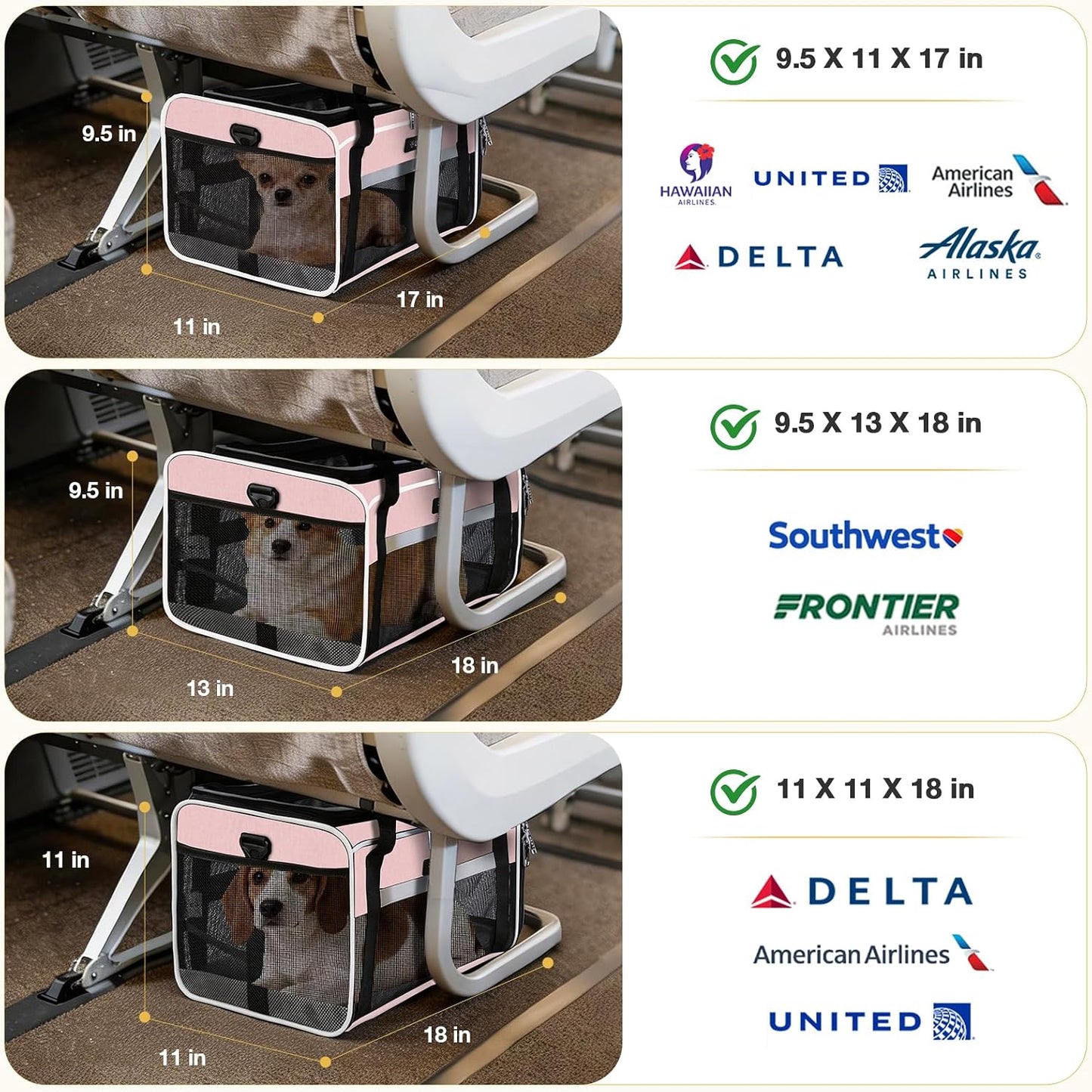 Lekereise Top-Expandable Pet Carrier 17x11x9.5 Inch Alaska Hawaiian Airline Approved Soft Sided Underseat to 12lbs Travel Carriers for Small Dogs and Cats with Locking Safety Zippers Anti-Scratch Mesh