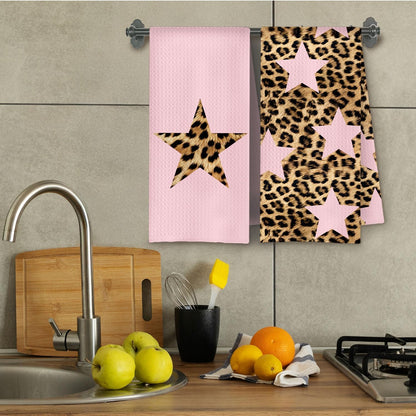 Preppy Pink Leopard Star Kitchen Towels Decorative, Trendy Y2K Girly Cheetah Print Hand Towels for Girls Dorm Bathroom Washroom Spa Yoga Room, 16x24 Inch Set of 2