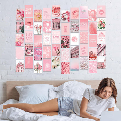 Artivo Pink Wall Collage Kit Aesthetic Pictures 50 Set 4x6, Light Pastel Pink Wall Decor for Teen Girls and Kids, Cute Bedroom Decor, Aesthetic Dorm Decor, Pretty Wall Decor Prints