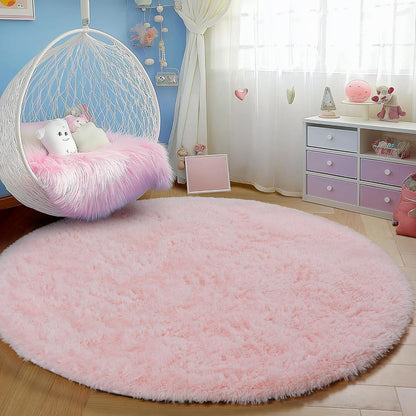 PAGISOFE Pink Round Rug 4Ft for Girls Room Kids Bedroom, Fluffy Shaggy Soft Fuzzy Circle Area Rugs for Girls Bedroom Kids Home Decor Aesthetic, Plush Furry Throw Cute Baby Girl Nursery Room Rug