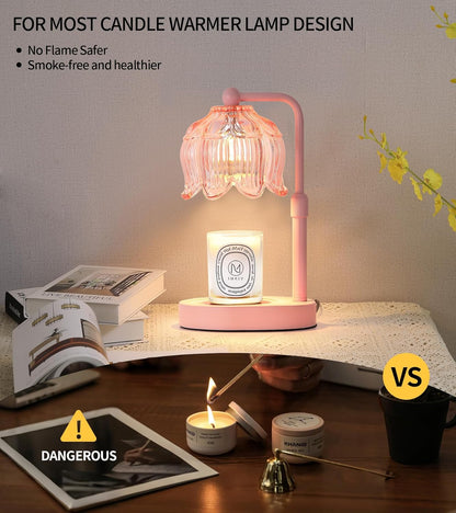 MEIXISUE Pink Flower Candle Warmer Lamp with Timer Dimmer, Adjustable Height No Flame Wax Warmer for Jar Candles, Ideal Gifts for Mom Women, ‌Housewarming New Home Bedroom Decor with 2 Bulbs