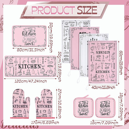 Fourluoo 10 Pcs Funny Pink Kitchen Decor Set 4 This Kitchen is Seasoned with Love Dish Towel 2 Pot Holders with Sayings 2 Oven Mitts Glove Rustic Non Slip Rug and Mat for Home Decoration Mom Gift