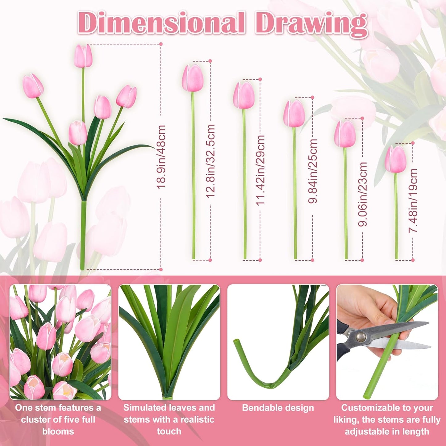 Homsunny 18.9 "Large Pink Simulation Tulip Artificial Flowers, 30-Pack. Perfect for Spring Weddings, Valentine's Day, Easter, Mother's Day, and Elegant Home and Table vase Arrangements.