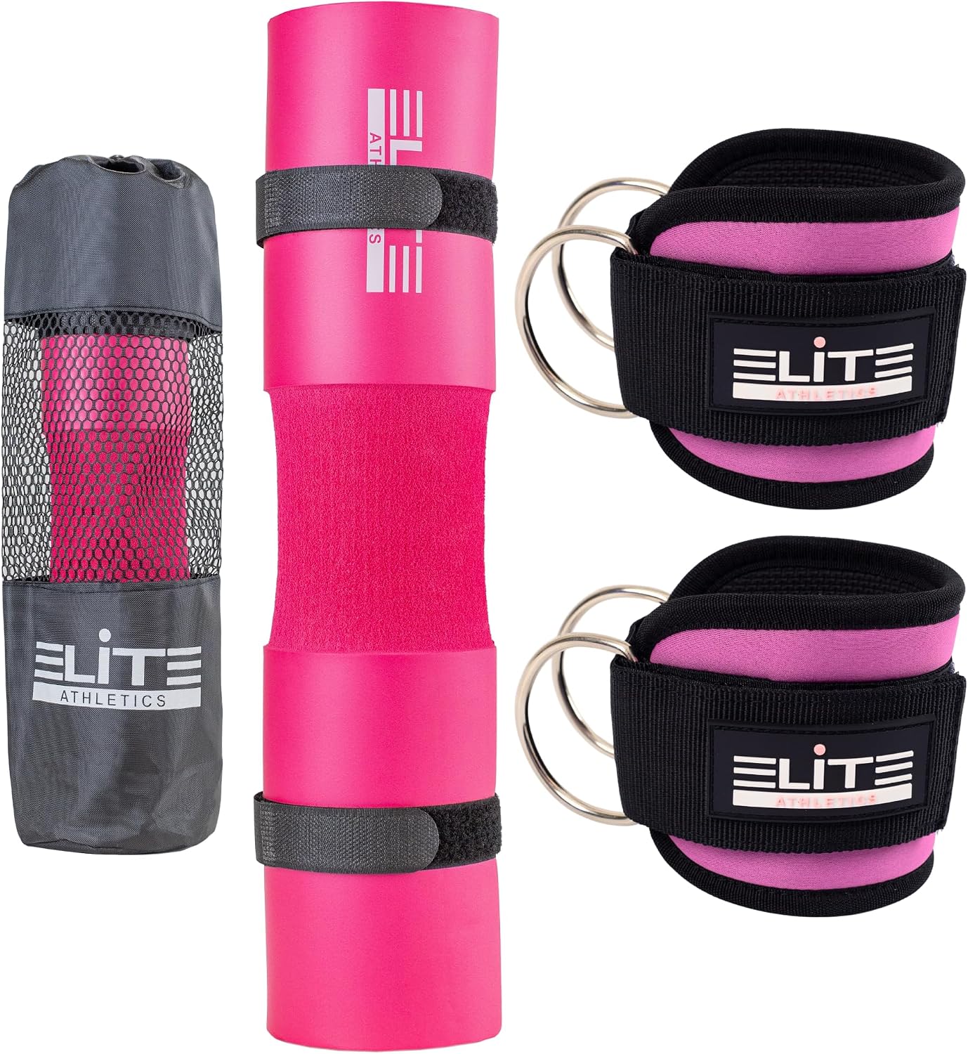 Barbell Hip Thrust Pad Set – PU Leather Bar Pad with Built-In Secure Straps, 2 Ankle Straps for cable machine, 2 Wrist Lifting Straps & Hip Resistance Bands