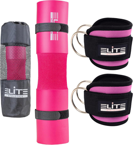 Barbell Hip Thrust Pad Set – PU Leather Bar Pad with Built-In Secure Straps, 2 Ankle Straps for cable machine, 2 Wrist Lifting Straps & Hip Resistance Bands
