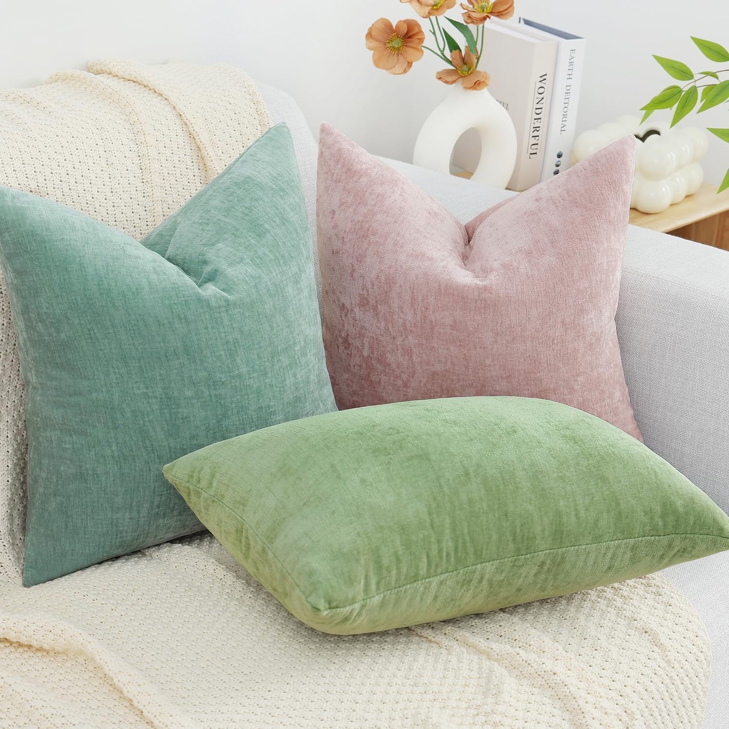 decorUhome Chenille Blush Pink Summer Throw Pillow Covers 12x20 Inch Set of 2, Decorative Soft Couch Pillow Covers Solid Dyed Accent Farmhouse Neutral Rectangle Pillow Cases for Sofa
