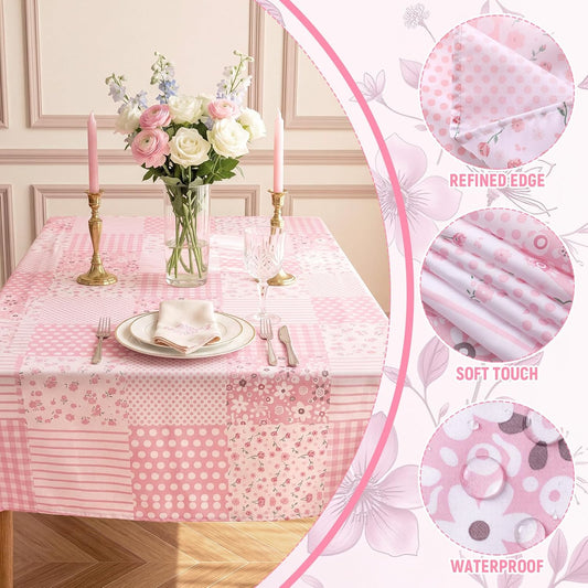 Moukeren Floral Pink Gingham Tablecloth Vintage Patchwork Tablecover Rectangle 60x84 Inch Rustic Pink Striped Table Cloth Plaid Quilted Tablecloths for Kitchen Dining Summer Picnic Party Decor