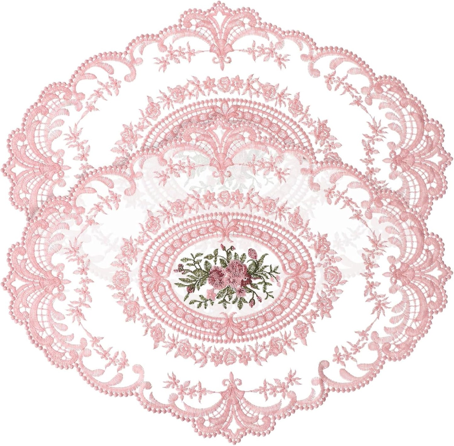 2Pcs Lace Placemats, Pink Oval Embroidered Table Place Mats | French Style Retro Placemats, Crochet Doilies Coasters Cup Mat Table Runner with Pink Flowers for Wedding Home Decor