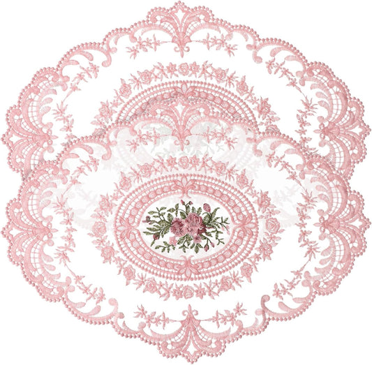 2Pcs Lace Placemats, Pink Oval Embroidered Table Place Mats | French Style Retro Placemats, Crochet Doilies Coasters Cup Mat Table Runner with Pink Flowers for Wedding Home Decor
