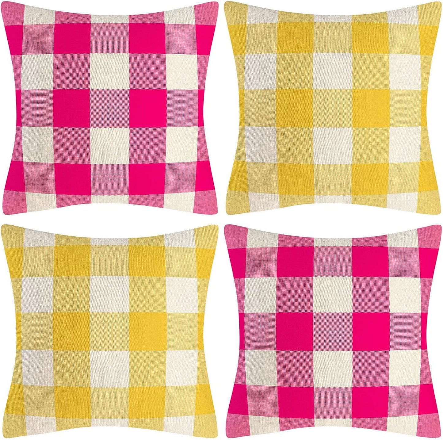 Lemon Yellow Pink White Buffalo Check Plaid Throw Pillow Covers Farmhouse Decorative Throw Pillow Case Indoor Outdoor Cushion Cover Pillowcase for Sofa 18 x 18 Inch Set of 2
