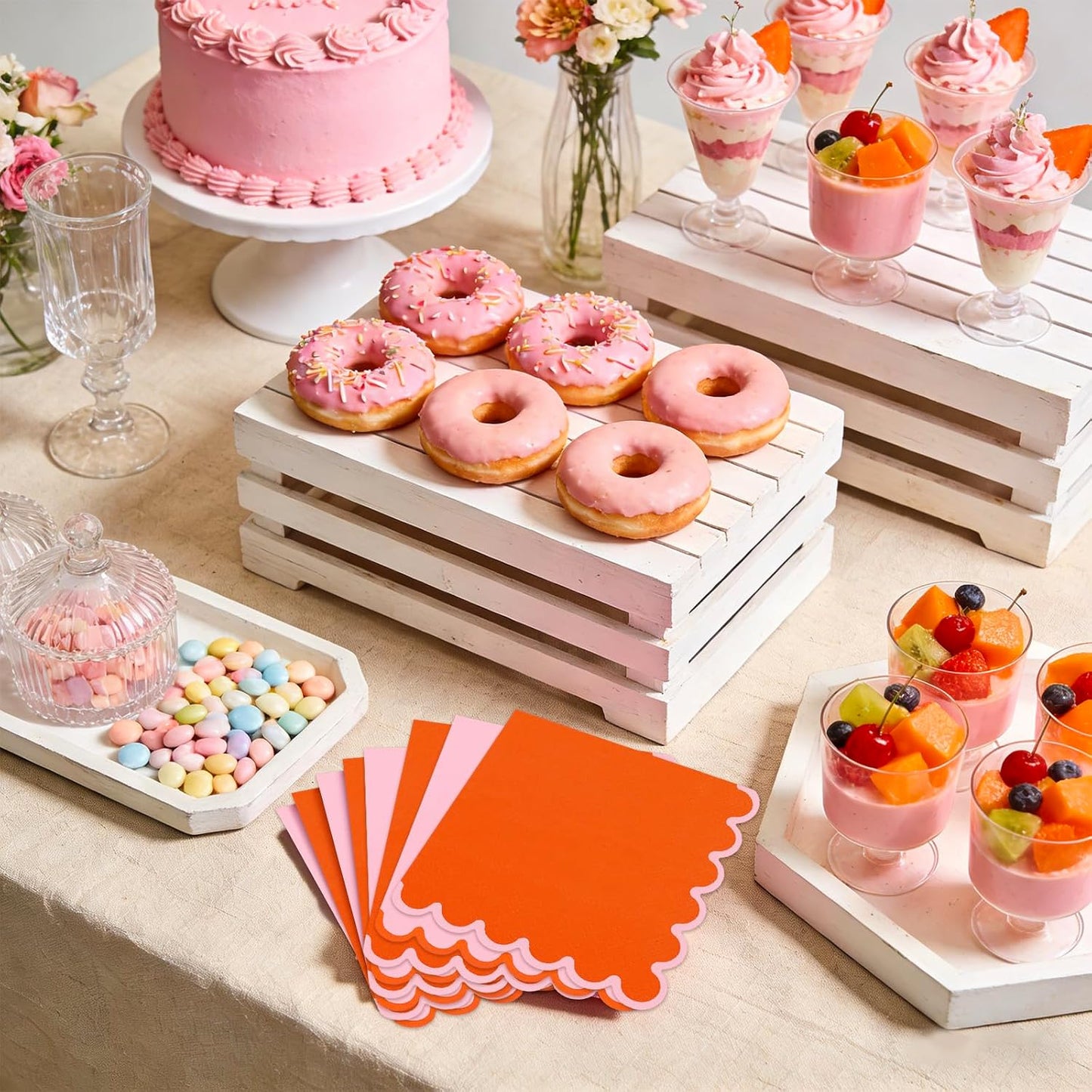 JarThenaAMCS 100 Pcs Scalloped Paper Napkins Cocktail Napkins Orange Pink Disposable Beverage Napkin Hand Towels for Birthday Baby Shower Drink Pastel Party Table Decor Supplies