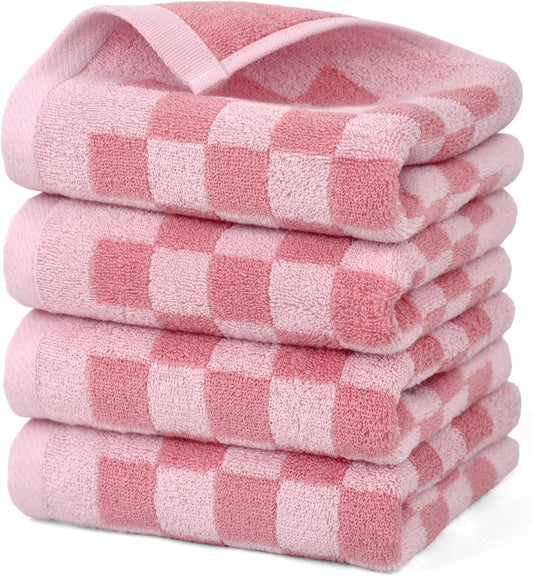 Jacquotha Soft Cotton Hand Towels in Pink Checkered - 4 Pack Lightweight Absorbent Towels for Hand Drying and Face Washing, for Women Girls Wife Daughter, 29x13 Inches