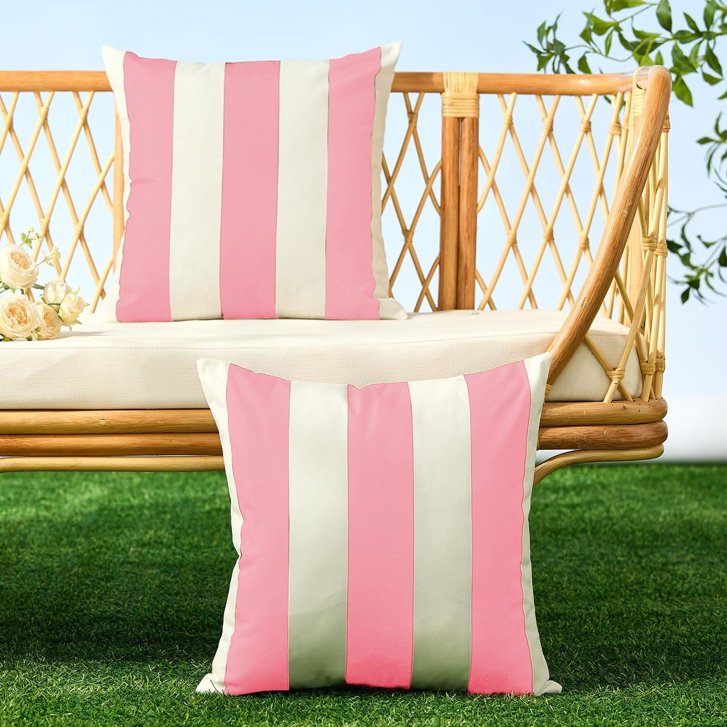 Allorry Outdoor Pillow Covers 18x18 Set of 2 Pink Striped Decoration Throw Pillow Covers for Spring Summer Outdoor Waterproof Garden Patio Furniture Sofa Bed Home Decor JB007-H18
