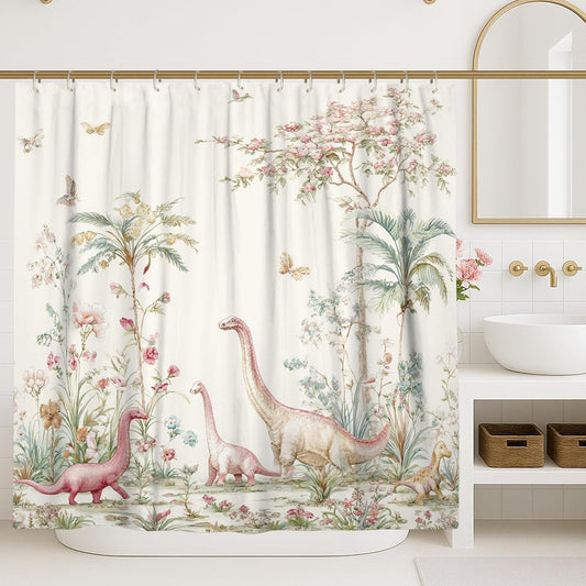 Dinosaur Shower Curtain, Fanciful Vintage Flowers Palm Trees Spring Pastel Peach Washable with Hooks Design Print Bath Curtains Decor for Bathroom Guest Room 72x84 Inch