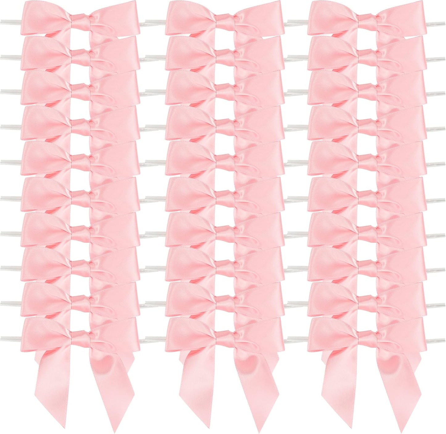 AIMUDI Baby Pink Satin Ribbon Bows 3.5" Light Pink Pretied Twist Tie Bows for Treat Bags Cake Pop Gift Wrapping Basket Wedding Favors Cookie Candy Bagging Baby Shower - 50 Counts