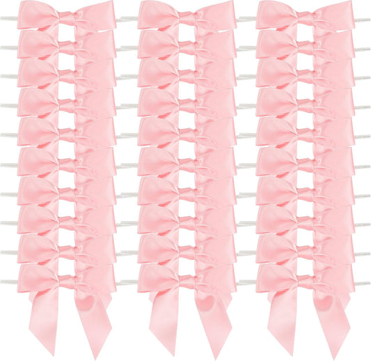 AIMUDI Baby Pink Satin Ribbon Bows 3.5" Light Pink Pretied Twist Tie Bows for Treat Bags Cake Pop Gift Wrapping Basket Wedding Favors Cookie Candy Bagging Baby Shower - 50 Counts