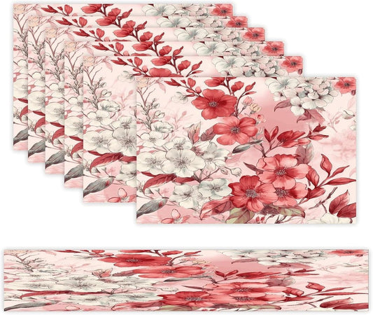 Peach Floral Pattern Placemats and Table Runner Set, Washable Linen Place Mats for Home Wedding Hotel Decoration (1 Table Runner and 6 Placemats)