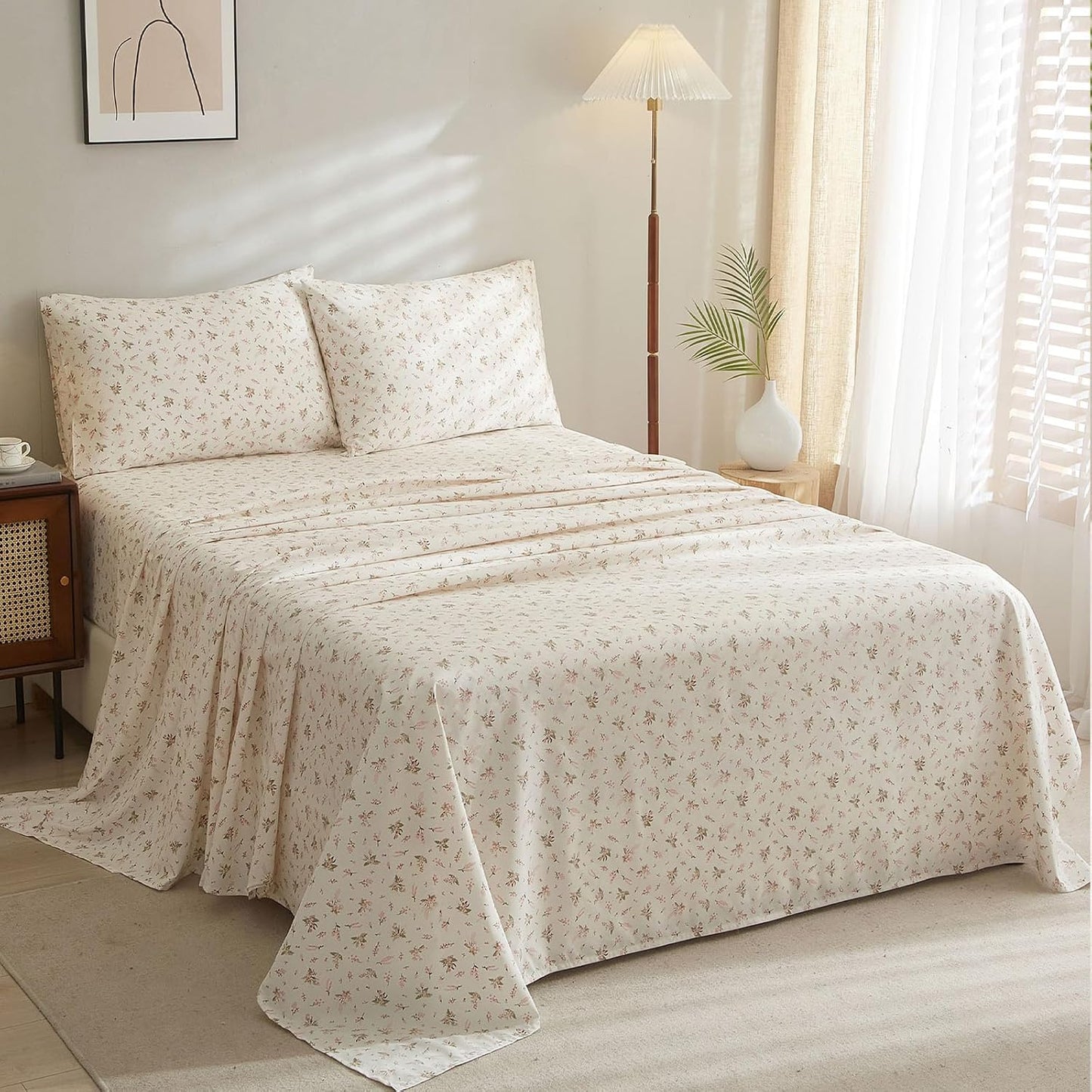 HighBuy Pink Floral Sheet Full Size Bed Sheets Set White - 4 Piece Extra Deep Pocket Full Pink Floral Bed Sheets - Cooling Soft Sheet & Pillowcase Sets Full Size,Floral Bed Sheet Set