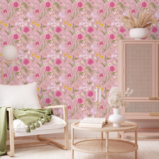 VEELIKE Cottage Pink Floral Wallpaper Vintage Pink Floral Peel and Stick Wallpaper for Girls Bedroom Nursery 17.7''x118'' Self Adhesive Removable Boho Girly Contact Paper for Cabinets Drawers Wall