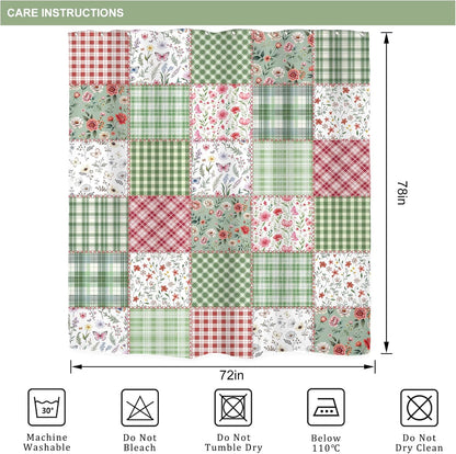 Riyidecor Long Cute Plaid Floral Shower Curtain for Bathroom Decor 72Wx78H Green Boho Flower Pink Retro Patchwork Wildflowers Checkered Art Printed Fabric Polyester Waterproof 12 Pack Plastic Hooks