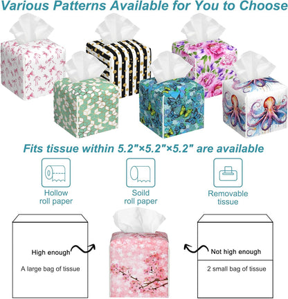 Pink Cherry Tissue Box Holder,Spring Blossom Square Leather Tissue Box Cover with Bottom Belt,Waterproof Modern Napkin Holder Organizer for Car Bathroom Vanity Office Tabletop,5.2" x 5.2" x 5.2"