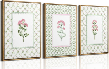 3Pcs Pink Green Floral Wall Art Wildflower Baby Room Painting Picture Wall Decor Pastel Botanical Poster Print Artwork for Bedroom Living Room Girls Bedroom Nursery Dining Room Home Decoration
