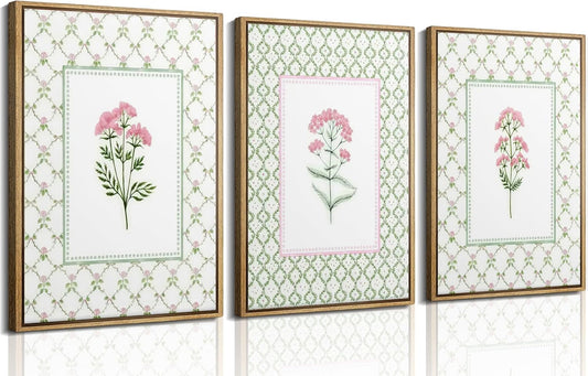 3Pcs Pink Green Floral Wall Art Wildflower Baby Room Painting Picture Wall Decor Pastel Botanical Poster Print Artwork for Bedroom Living Room Girls Bedroom Nursery Dining Room Home Decoration