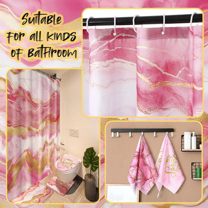 Honoson 8 Pcs Marble Bathroom Accessories Shower Curtain Set with Rugs and Kitchen Towels Modern Marble Farmhouse Bathroom Decor Floor mats for Farmhouse Country Spring Decor (Pink)