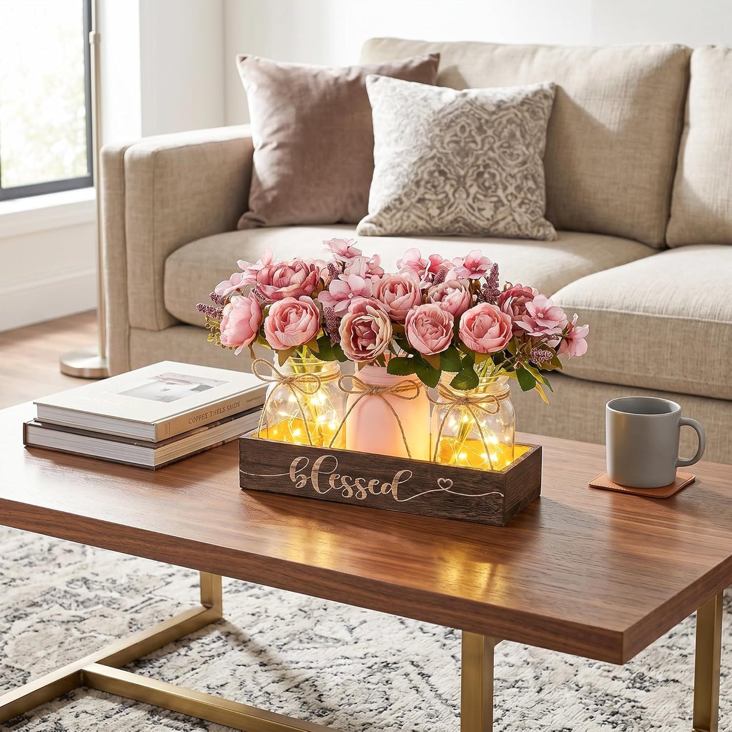 3 Pcs Mason Jar Centerpiece with Wood Tray & LED Light, Farmhouse Table Decor for Dining Room Kitchen Living Bathroom, Pink