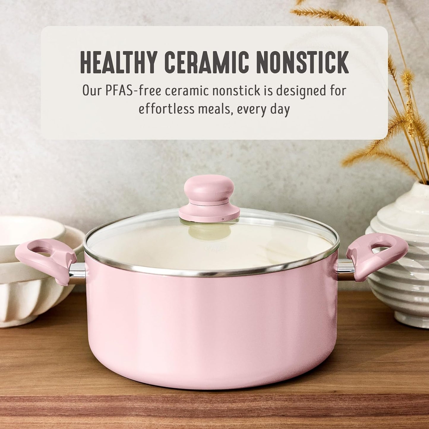 GreenLife 5 Quart Nonstick Stock Pot with Lid, Non-Toxic Ceramic Pot, Dishwasher Safe, Induction Ready, Fast Heating, Stay-Cool Handles, Kitchen Casserole, Soup, Pasta, Easy Clean, Blush Pink