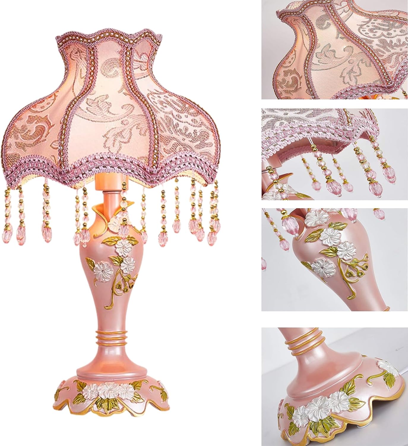 Vintage Pink Table Lamp Victorian Style with Smart Home Compatibility, Princess Bedside Lamp with Fabric Shade, Antique Flower Night Light for Bedroom Nightstand, E26/E27 Base, 19.7inch