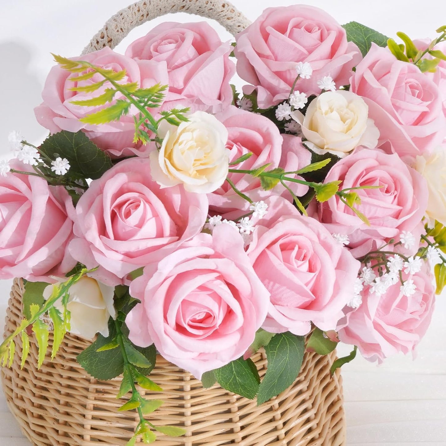 50 Pcs Pink Roses Artificial Flowers, Real Touch Velvet Roses Bouquet Fake Flowers Bulk, Artificial Roses with Long Stems for Birthday Gift Women Mom DIY Bridal Wedding Centerpiece Decorations