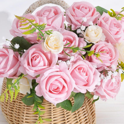 50 Pcs Pink Roses Artificial Flowers, Real Touch Velvet Roses Bouquet Fake Flowers Bulk, Artificial Roses with Long Stems for Birthday Gift Women Mom DIY Bridal Wedding Centerpiece Decorations