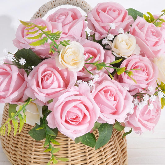 50 Pcs Pink Roses Artificial Flowers, Real Touch Velvet Roses Bouquet Fake Flowers Bulk, Artificial Roses with Long Stems for Birthday Gift Women Mom DIY Bridal Wedding Centerpiece Decorations