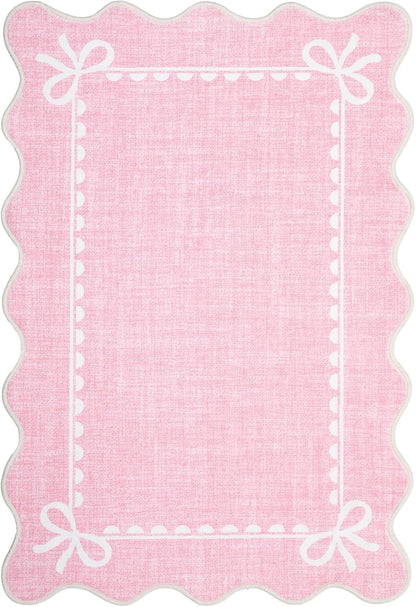 GarveeHome Scalloped Bow Rug for Kitchen Floor, Solid Pink Rug for Dorm, Washable Entryway Rugs 2x3 Soft Low Pile Non Slip Scalloped Rugs for Nursery Bedroom Decor Hallway