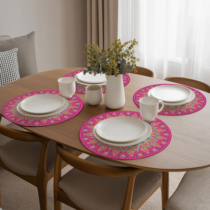 Artoid Mode Pink Mandala Vinyl Plastic Placemats Set of 4, 14 Inch Washable Non-Slip Woven Round Table Mats for Party Kitchen Dining Decor