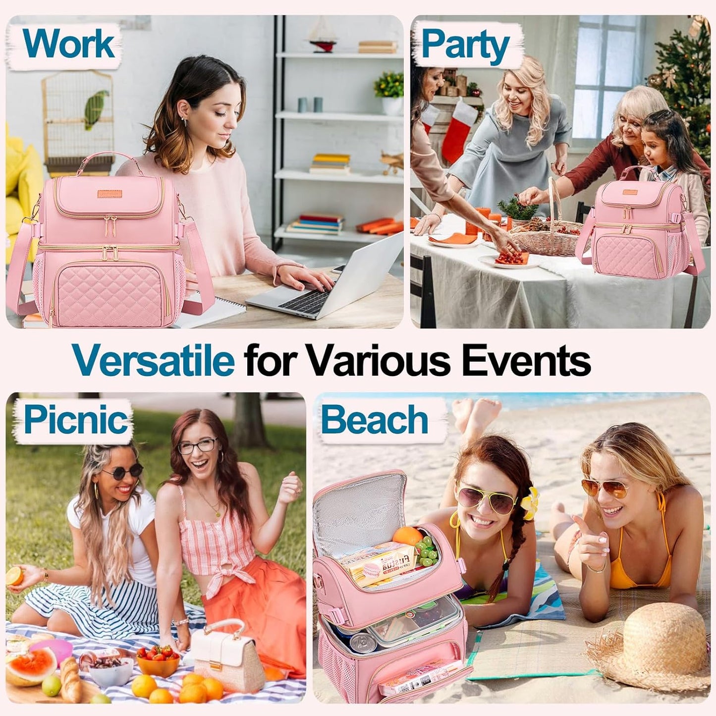 Lunch Bags for Women, Dual Compartment Lunch Box Lunch Bag for Work, Leakproof Lunch Cooler Large Insulated Lunchbox for Adult for Women Men, Lunchbag for Picnic Beach (Pink)