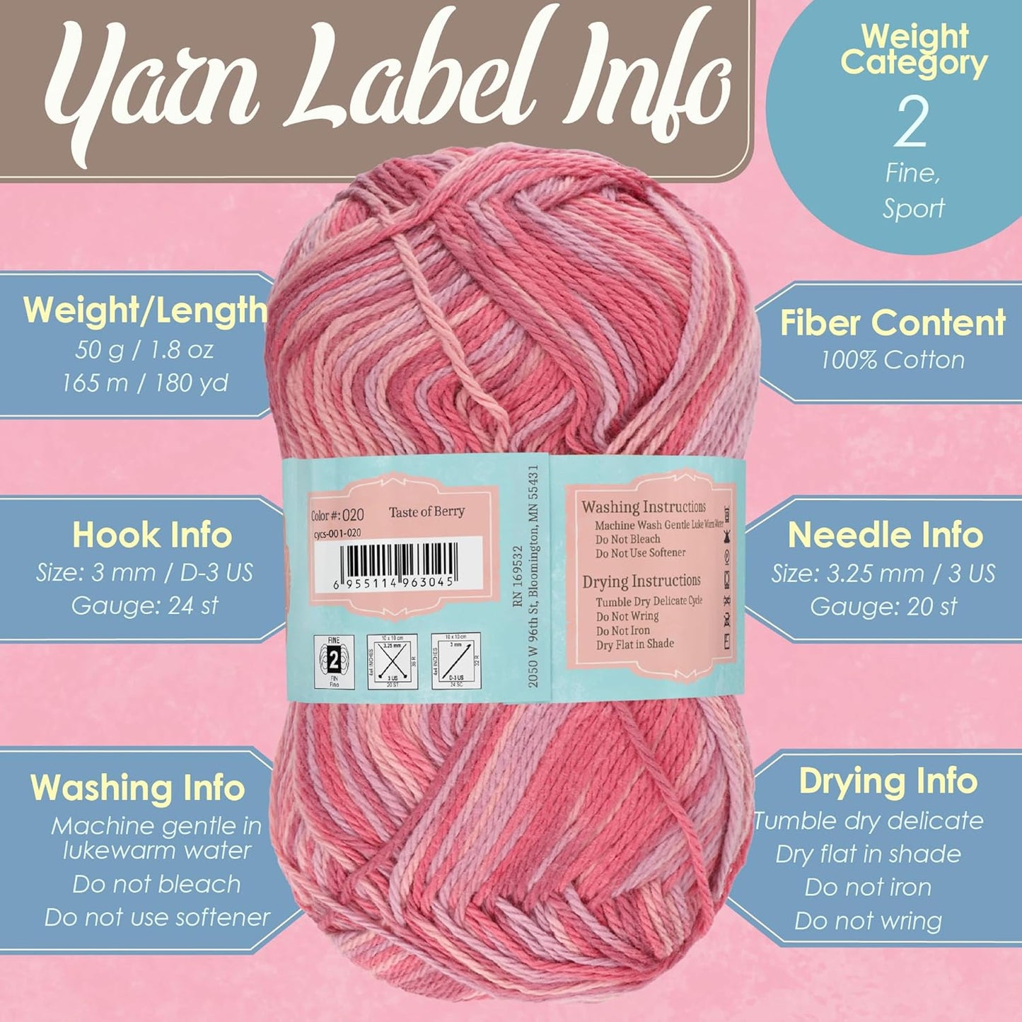 JubileeYarn Cotton Select Yarn - 50g/Skein Sport Weight - Blushed Peach - 4 Skeins