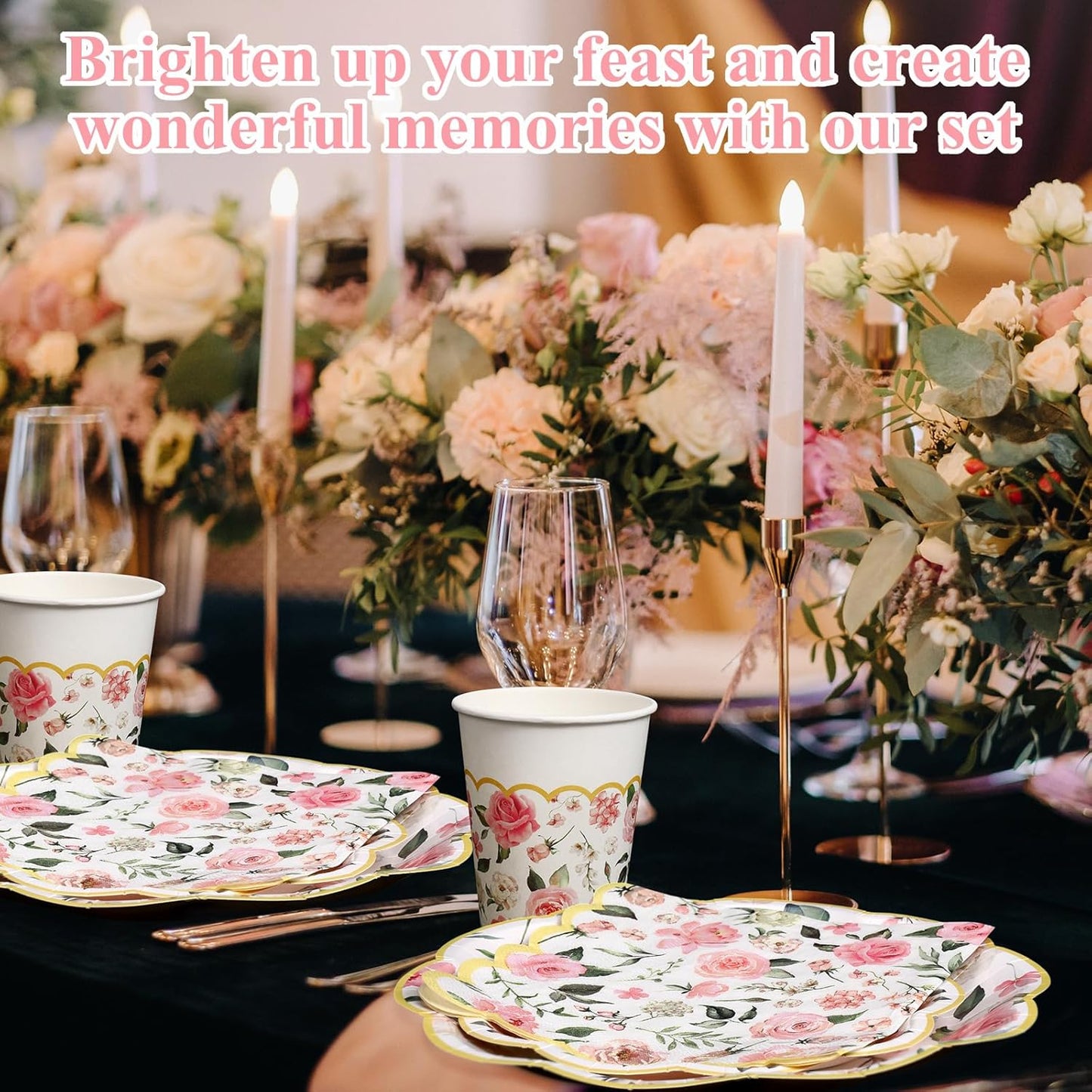 Funnymoom 250 Pcs Floral Party Decorations Flower Paper Plates Napkins and Cups Pink and Gold Floral Disposable Tableware Set for Bridal Shower Baby Shower Wedding Spring Tea Party Supplies, Serves 50