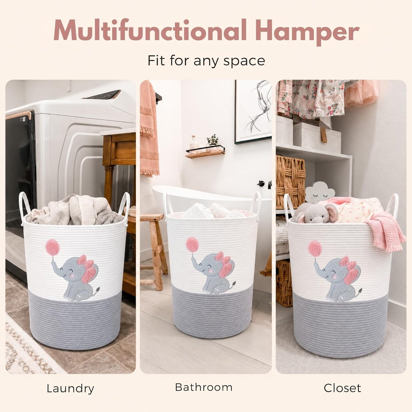 Elephant Laundry Hamper for Baby Girl Nursery – 20"x15" Cotton Rope Basket with Handles – Pink Baby Clothes Hamper, Blanket Storage, Stuffed Animal Organizer, Nursery Decor for Girls