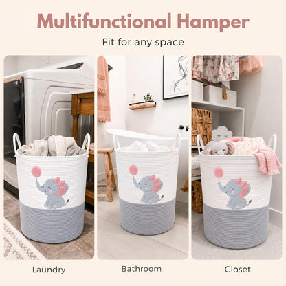 Elephant Laundry Hamper for Baby Girl Nursery – 20"x15" Cotton Rope Basket with Handles – Pink Baby Clothes Hamper, Blanket Storage, Stuffed Animal Organizer, Nursery Decor for Girls