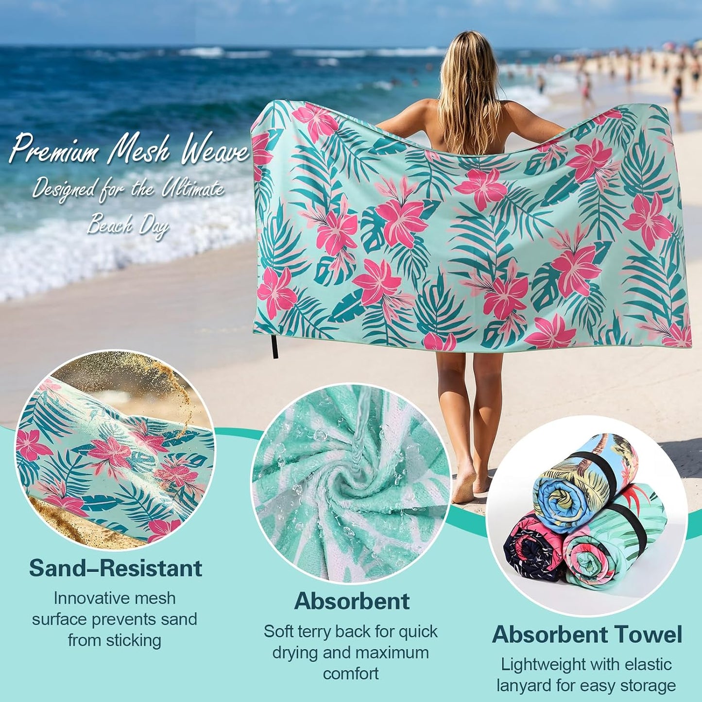 Oversized Beach Towel for Women Adults, 35x72" Large Sand-resist Beach Towel, Absorbent Compact Towel with Light Teal Pink Floral Double Sided Printed Design, Quick-dry Beach Towel for Pool Travel
